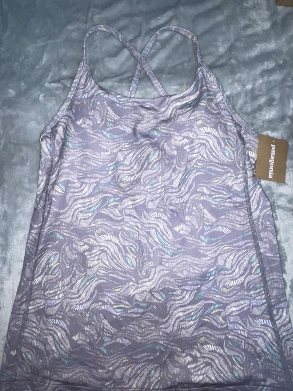 NWT Patagonia Womens Cross Beta Tank Top Gray Green Swirl Spaghetti Strap Sz SM